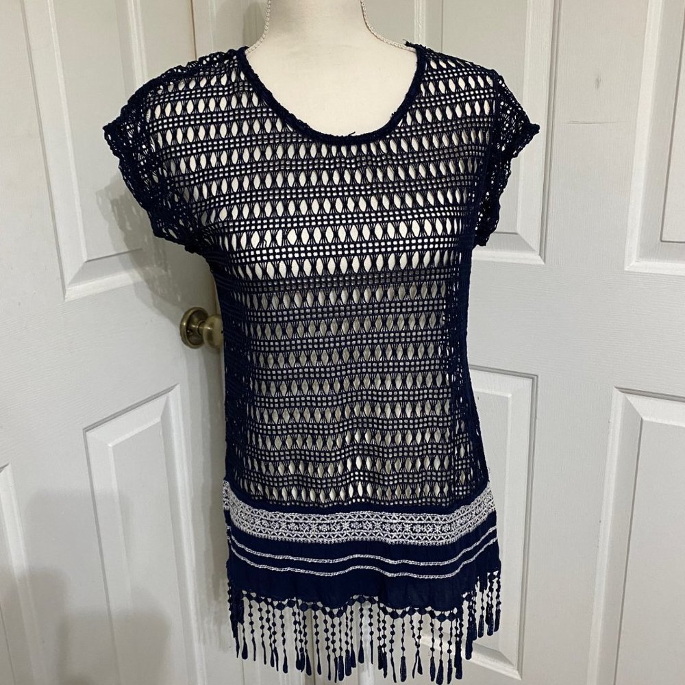 Small Navy Blue Maurices Top - Crocheted Net Look with Fringe